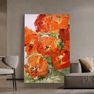 Beautiful Orange color Flowers Contemporary Original Abstract Extra Large Knife Palette Painting Hand Painted Thick Texture Modern Wall Art