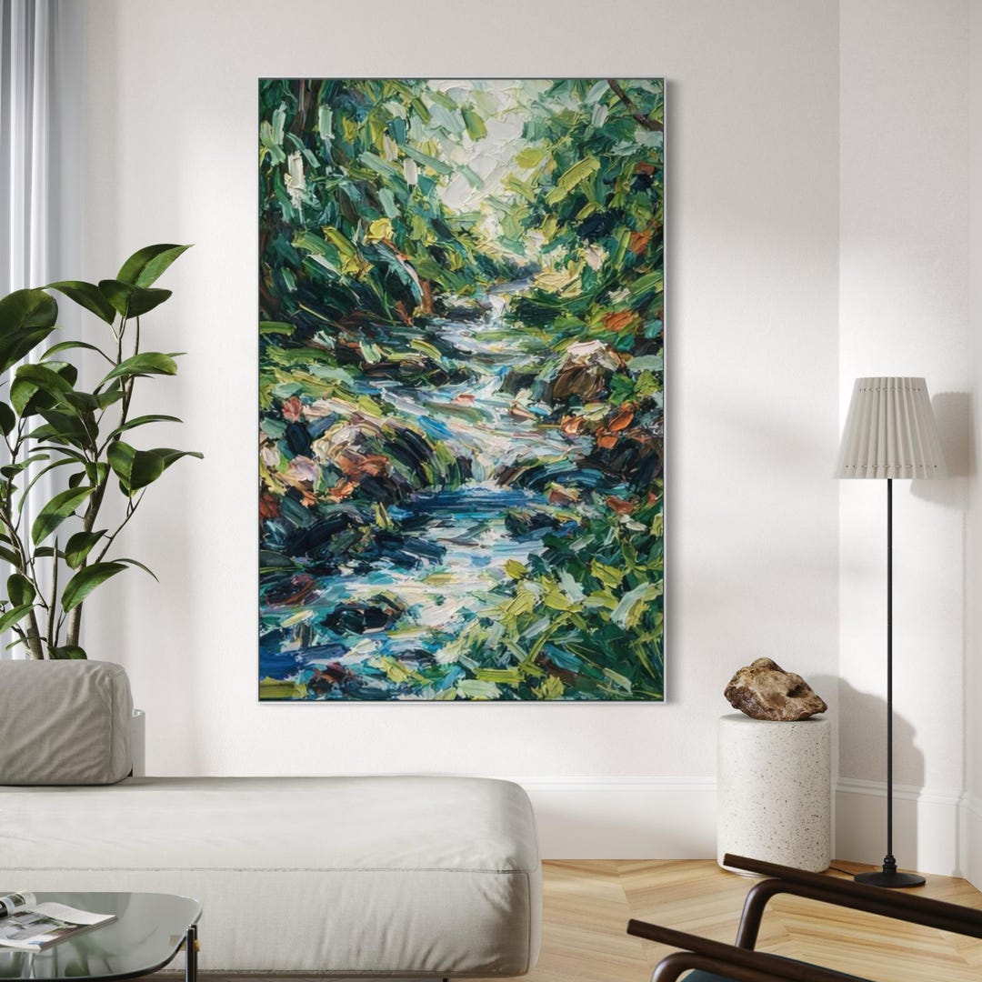 Green Forest River Painting Original Oil Art, Abstract Impressionist ...