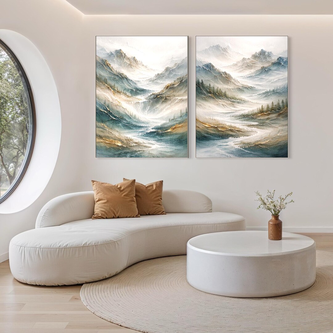 Large Mountain Landscape Wall Art Set of 2, Abstract Nature Painting ...