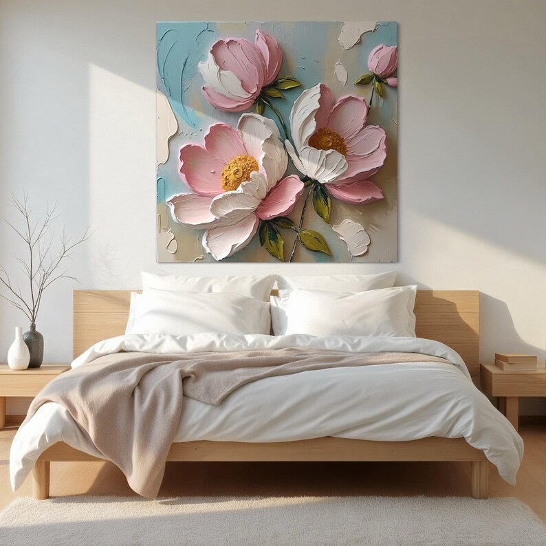 Pink White Peony Canvas Painting Thick Textured Floral Wall Art Elegant ...