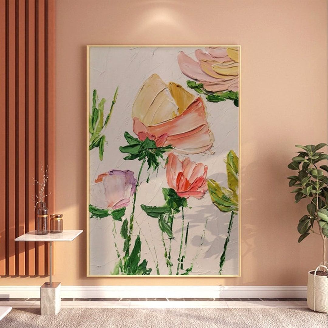 Shades of Pink Flowers Wall Art Original Abstract Extra Large Knife Palette Painting Hand