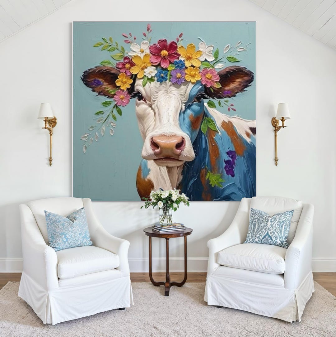 D Floral Cow Portrait Painting, Farmhouse Style Canvas Art - Etsy