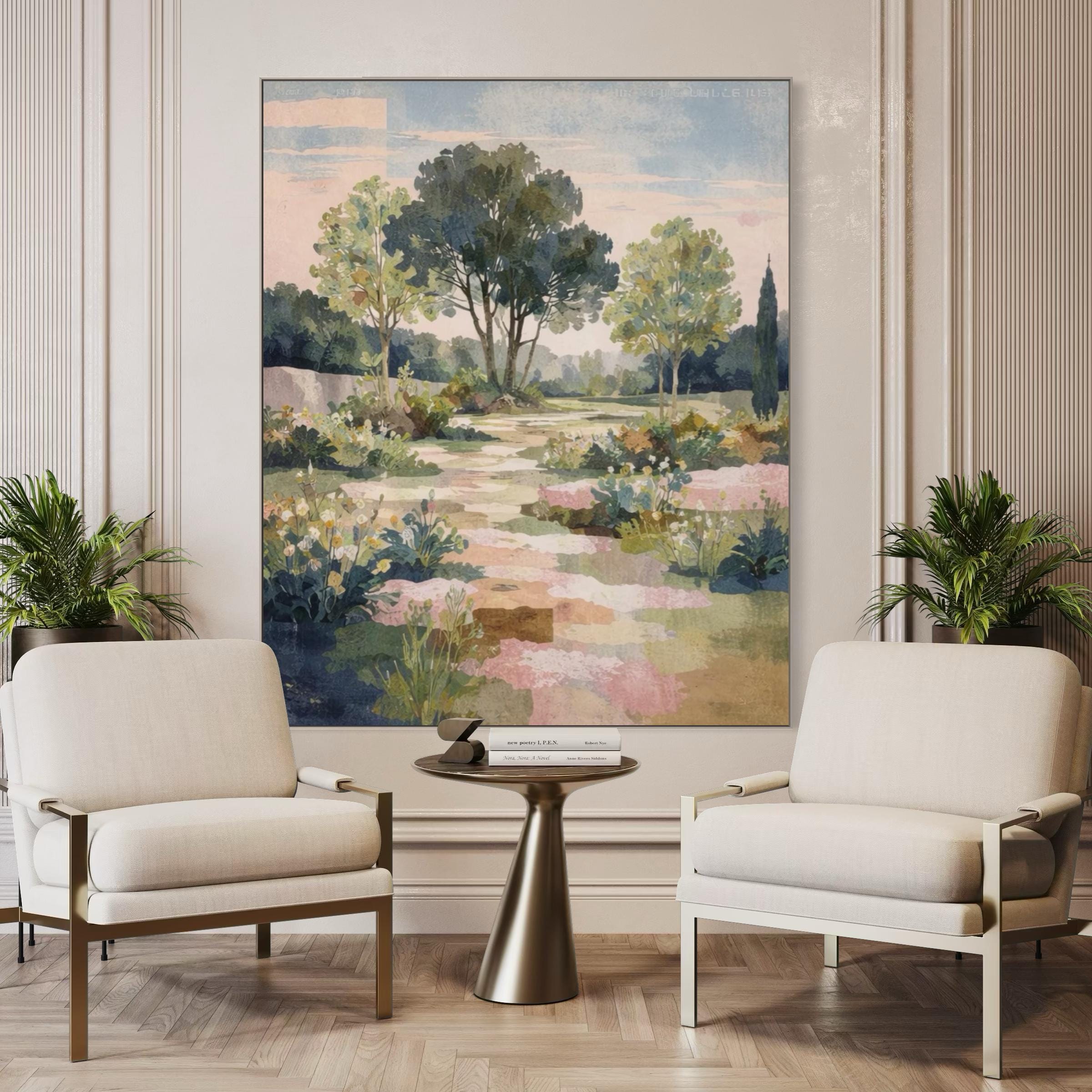 Garden Path Landscape Paining, Floral Nature Wall Art, Soft ...