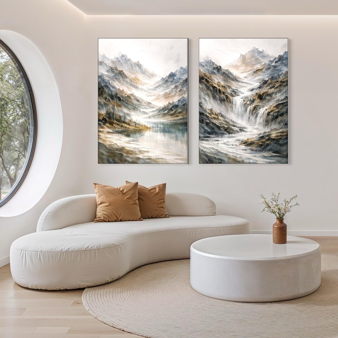 Large Mountain Lake Wall Art Set of 2, Nature Landscape Painting ...