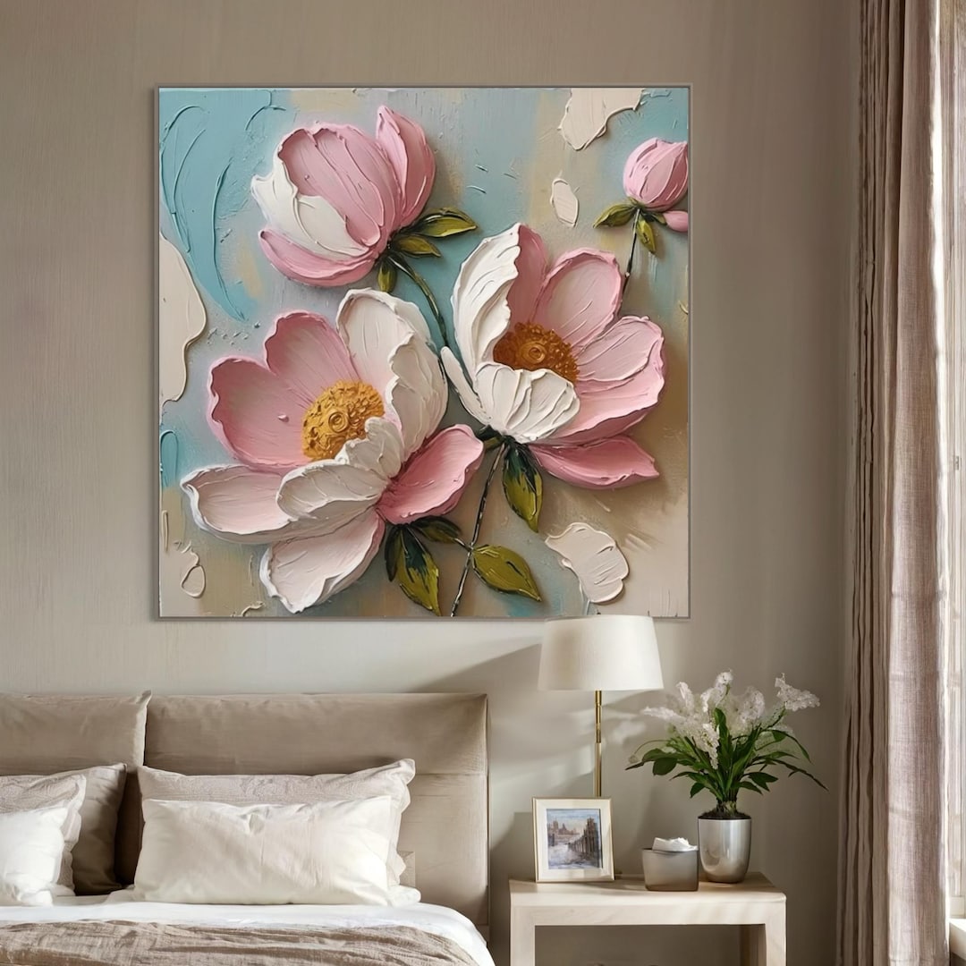Pink White Peony Canvas Painting Thick Textured Floral Wall Art Elegant ...