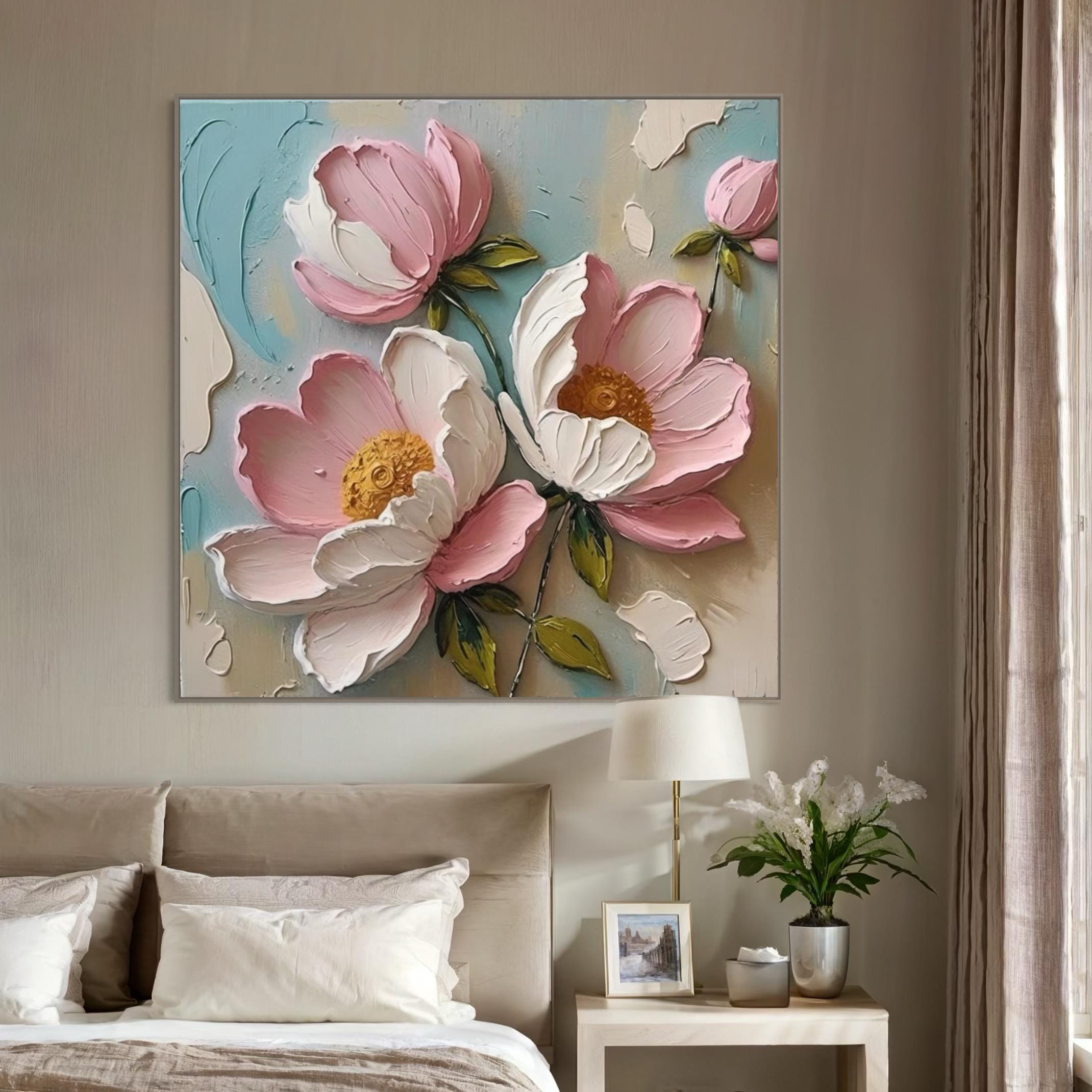 Pink White Peony Canvas Painting Thick Textured Floral Wall Art Elegant ...