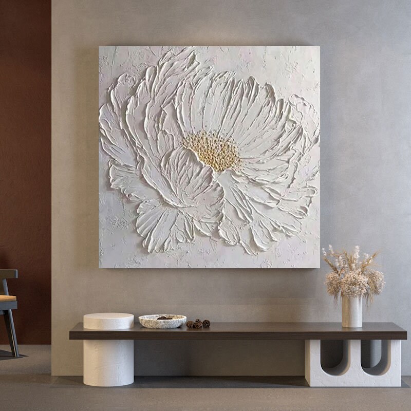 White Flower Acrylic Contemporary Painting Original Abstract Extra