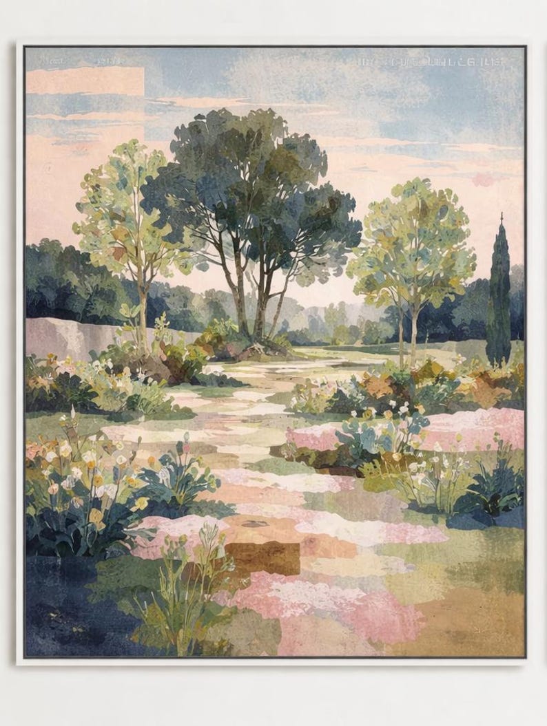 Garden Path Landscape Paining, Floral Nature Wall Art, Soft ...