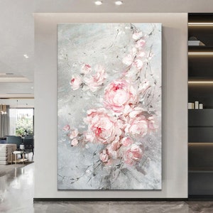 Beautiful light Pink Flowers Wall Art Original Abstract Extra Large Knife Palette Painting Hand Painted Thick Texture Modern Wall Art