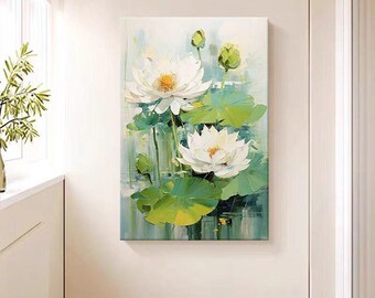 A Lotus Oil Painting: White Lily, Thick Texture, Modern Floral Canvas Art, Green Pond Wall Art