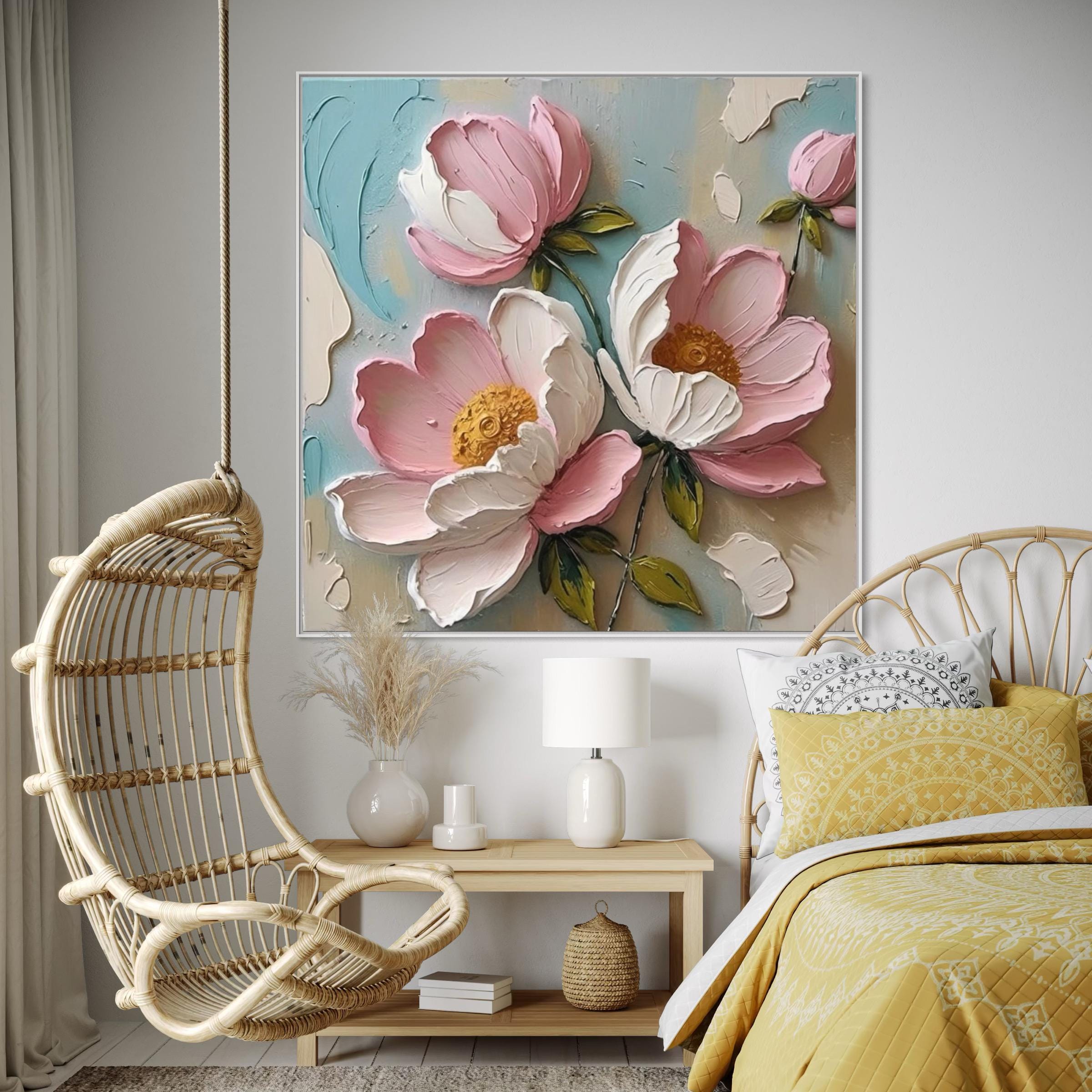 Pink White Peony Canvas Painting Thick Textured Floral Wall Art Elegant ...