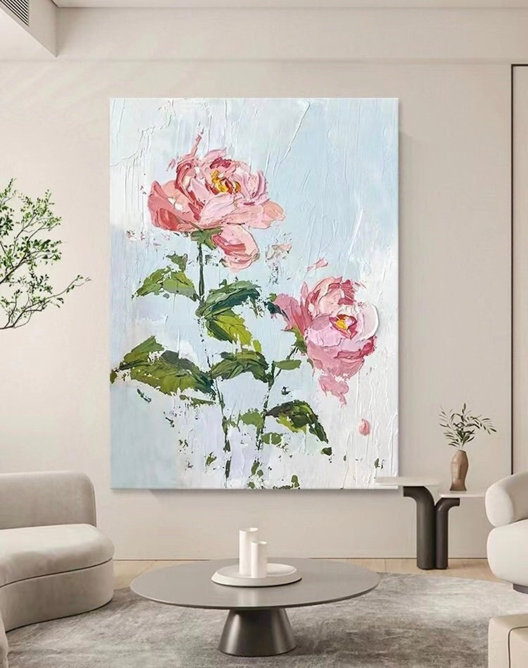 Large Pink Roses: Original Handmade Palette Knife Painting; Floral Art ...
