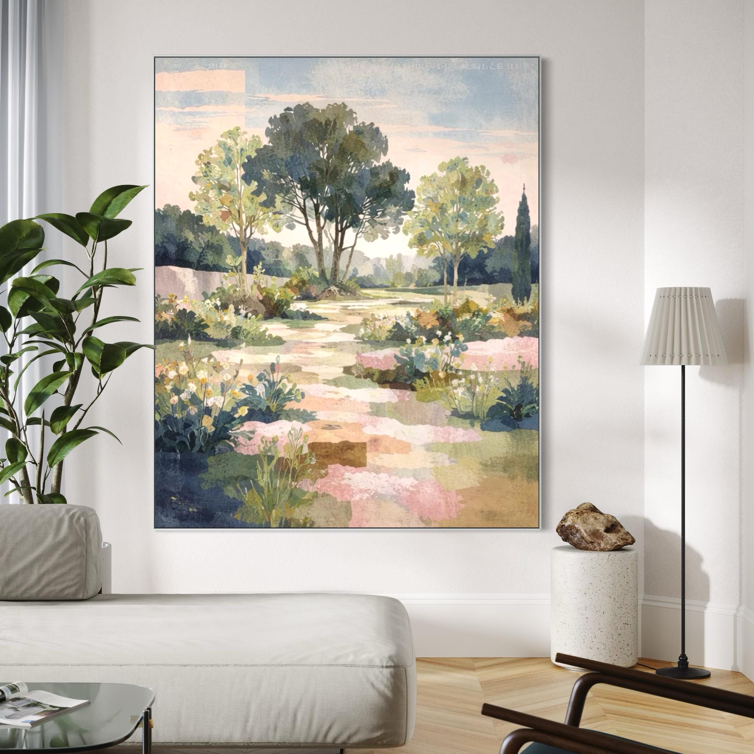 Garden Path Landscape Paining, Floral Nature Wall Art, Soft ...