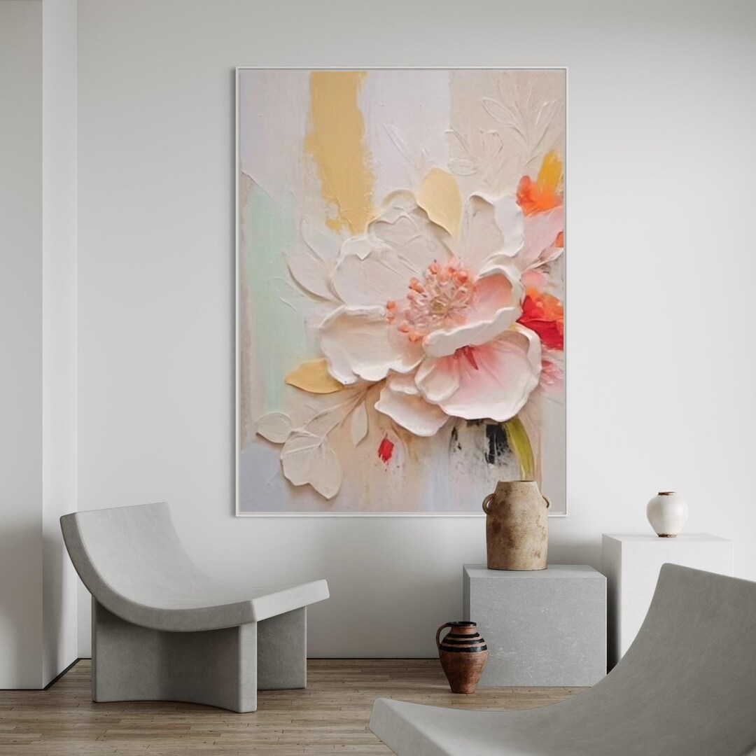 3D Textured Flower Oil Painting Vibrant Blooms Wall Art Abstract White ...
