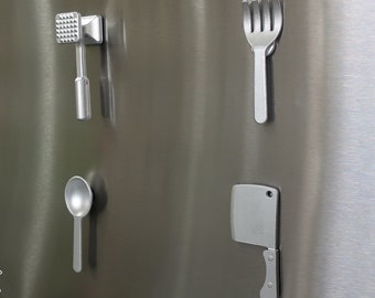 Kitchen Chef utensils, silver metal finish fridge magnets collection - Meat mallet/tenderizer, Chopping/Butchering knife, Fork and Spoon