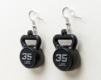 Lightweight mini kettle bells wire hook earrings 3D printed, earrings for fit girls and women, fun healthy girls earrings, gym girl earrings