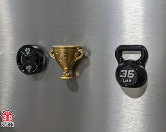 Fitness/GYM fridge magnet collection includes kettle bell, weight plate and trophy (gold or silver finish)
