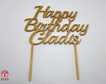 Personalized golden happy birthday name cake topper, customized name cake topper, name cake topper, happy birthday name cake topper