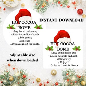 Etiqueta de bomba de cacao caliente de Santa, etiqueta de bomba de chocolate caliente de Navidad, etiqueta de bomba de invierno