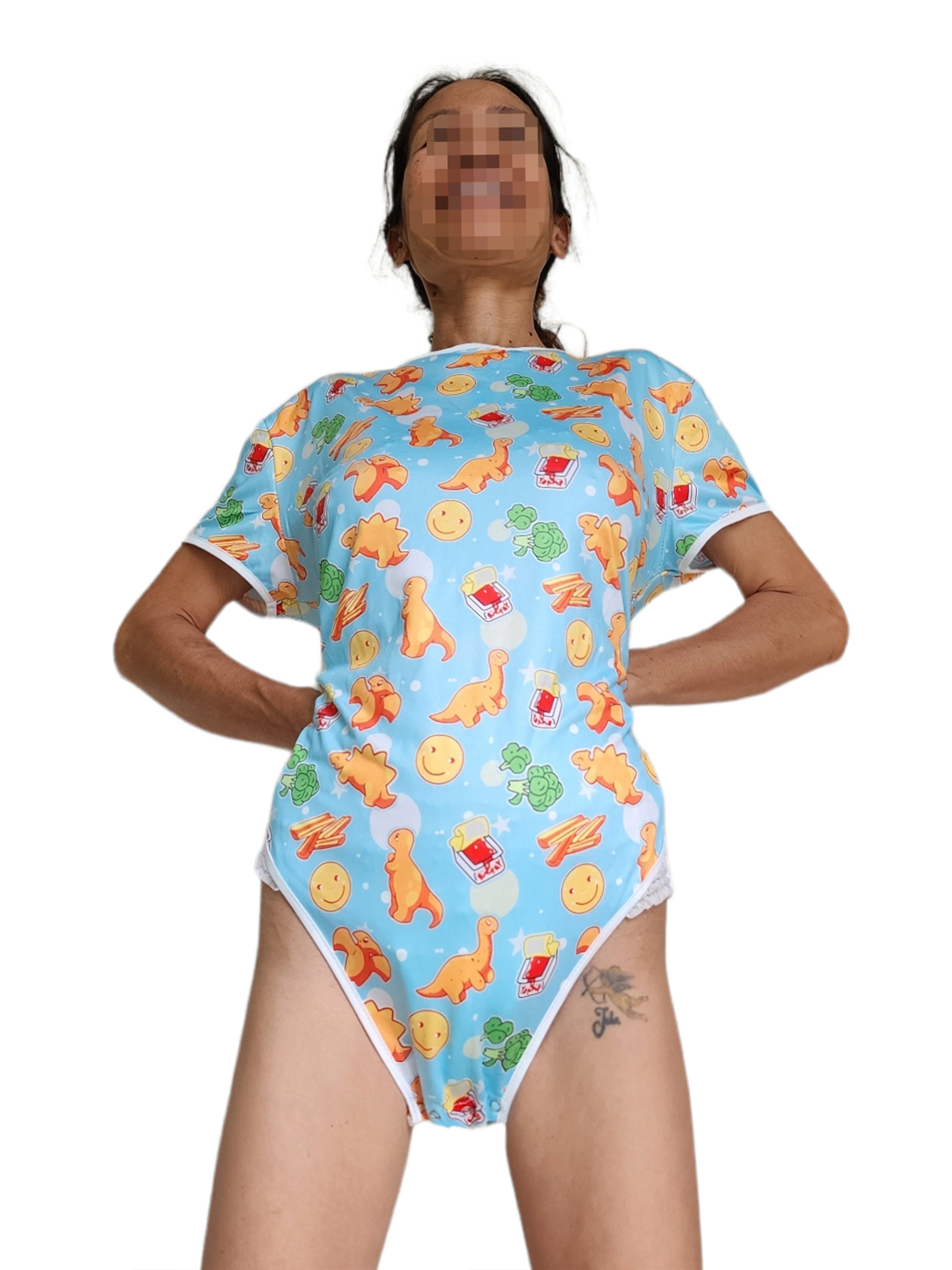 Adult Baby ONESIE Blue Dinosaurs. Abdl Unisex 4 X Snap Crotch