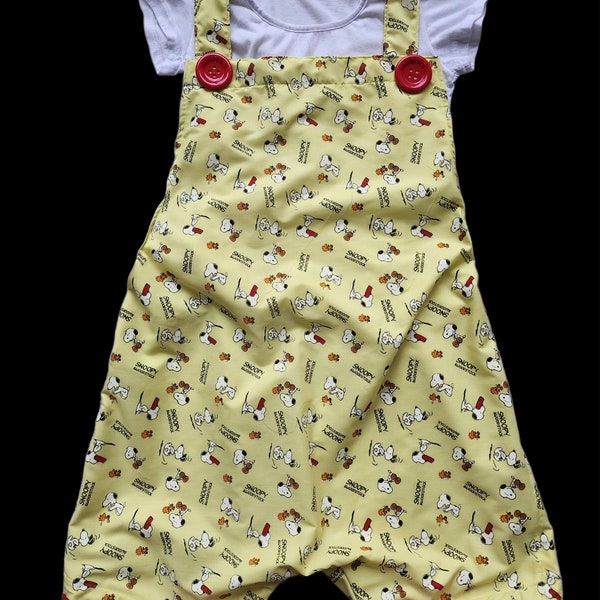ABDL. ROMPER shorts. Yellow Snoopy. Wide crotch.  Buttonholes to adjust straps. White cotton lined. No crotch opening. Red trim & buttons
