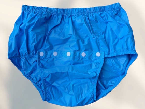 Adult Baby PLASTIC PANTS. Blue. Horizontal Snaps at Front. Baby Soft.  Sissy. Abdl. Pvc. Large Leg. Wide Crotch. Soft to Skin Waterproof. 