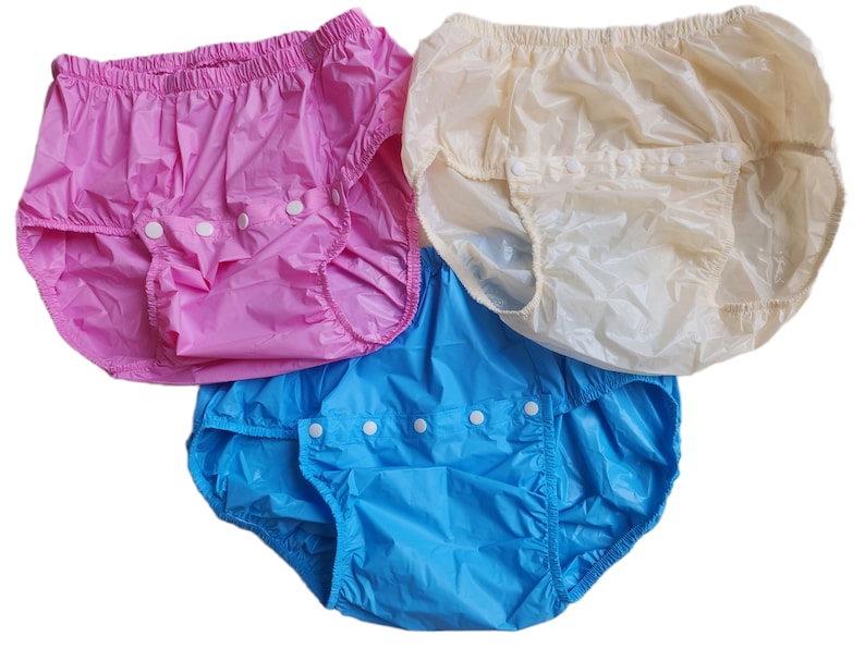 Adult Baby PLASTIC PANTS. Blue. Horizontal Snaps at Front. Baby Soft