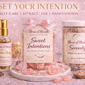 May include: An arrangement of self-care products, including a golden honey spiritual oil, a bag of sweet intentions blessed confection, and a jar of serenity spiritual bath soak. The products are displayed on a pink surface with the text "Set Your Intention".