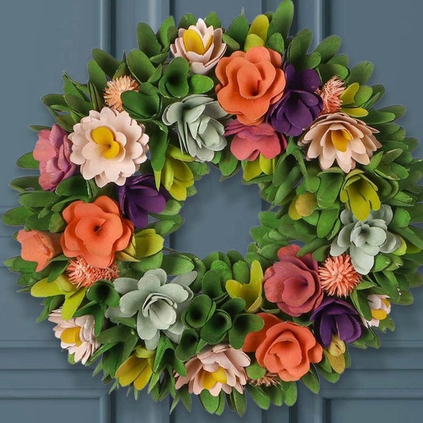 Handmade Bright Multi Coloured Wooden Flower Wreath -  All Seasons Spring Summer Autumn & Winter | Easter Wreath | Spring Homeware uk |