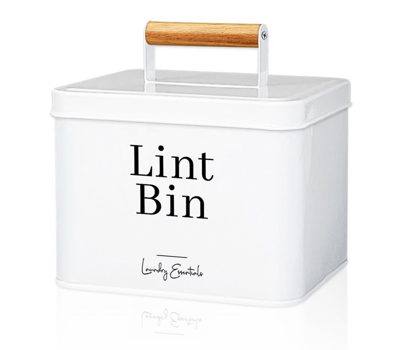 May include: White metal lint bin with a wooden handle and the text "Lint Bin" and "Laundry Essentials".