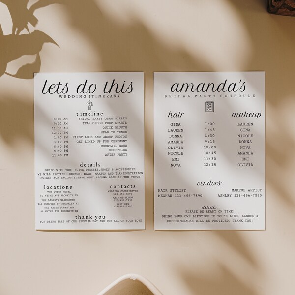 wedding itinerary template, wedding info, bridesmaid planner, digital templates editable on templett #002