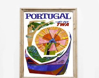Vintage Portugal Mermaid TWA Travel Poster | Retro Wall Art (Digital Download)