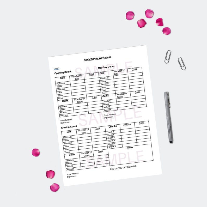Cash Drawer Worksheet/drawer Count for Business Etsy