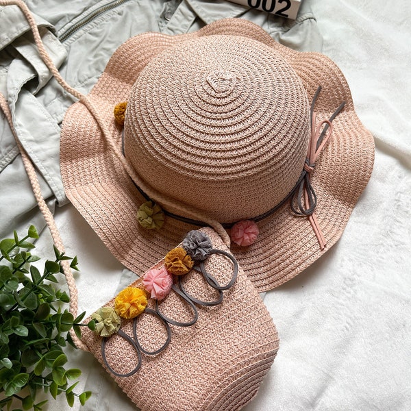 Chapeau de soleil en paille personnalisé avec sac à main en paille à bandoulière assorti | Cadeau petite fille | Cadeau d'anniversaire pour fille | Cadeaux pour fille | Sac à main pour fille