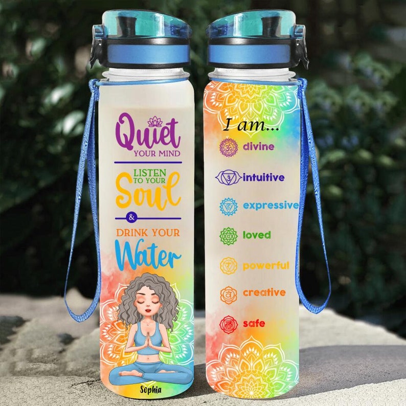 Quiet Your Mind, Listen To Your Soul, Drink Your Water Tracker Bottle, Chakra Yoga Bottle, Gifts For Yoga Lover, Namaste, Lotus Flower Lover image 1