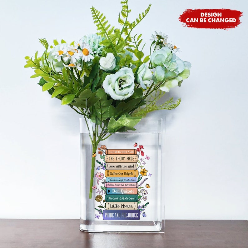 Custom Favorite Books Acrylic Vase for Flowers, Book Shaped Flower Vase, Gift For Book Lover, Reading Lover, Librarian, Bookish, Booktrovert image 1