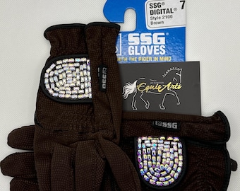 Crystal Rhinestone Dressage Riding Gloves Chocolate Brown Size 7 (DR3)