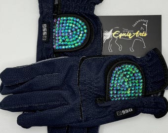 Crystal Rhinestone Dressage Riding Gloves Navy Blue Size 7 (DR2)