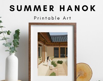 Summer Hanok Wall Art, Seoul Printable Art, Korean Artwork, Korean Girl Artwork, South Korea Downloadable Print, Traditional Hanok Village