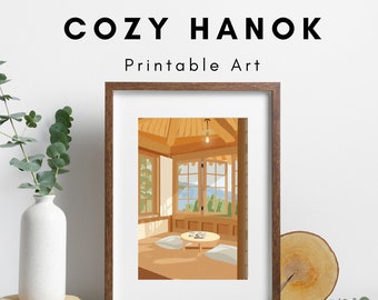 Cozy Hanok Wall Art, Korean Printable Art, Seoul Teahouse Artwork, Korean Digital Download, Downloadable Print, Korean Traditional Teahouse