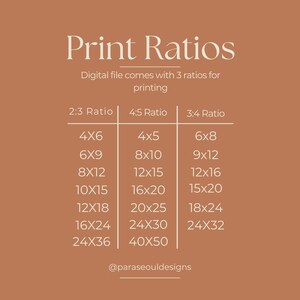 May include: A chart showing different print ratios for digital files. The ratios are 2:3, 4:5, and 3:4. The chart lists various print sizes for each ratio, such as 4x6, 6x9, 8x12, 10x15, 12x18, 16x24, 24x36, 4x5, 8x10, 12x15, 16x20, 20x25, 24x30, 40x50, 6x8, 9x12, 12x16, 15x20, 18x24, 24x32. The chart is on a brown background with white text. The text at the bottom of the chart reads "@paraseouldesigns".