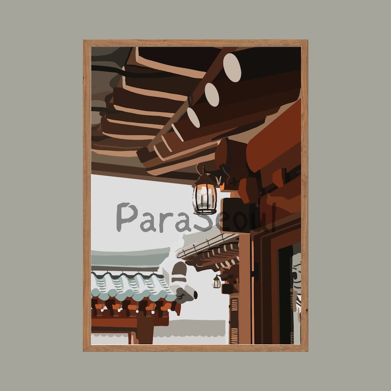 May include: A digital illustration of a traditional Korean building with a wooden roof and a lantern hanging from the eaves. The building is painted in shades of brown and red, and the background is a light gray. The text "Para Seoul" is visible in the image.