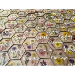 Customized Floral Pressed Flower Place Setting | Hexagon Acrylic Place Card | Wedding Event Party Escort Card | Coaster