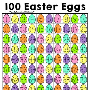 May include: A printable 100 Easter eggs chart with numbers 1-100 in a grid. Each number is inside an egg-shaped outline with a different color. The title of the chart is "100 Easter Eggs" with the text "Lovely Homeschool Printables" underneath.