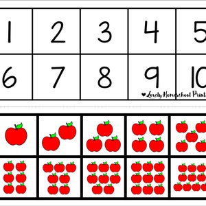 May include: A printable worksheet for learning numbers 1 through 10. The worksheet features a grid with numbers 1 through 10 in the top row and a corresponding number of red apples in each row below.