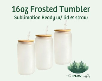 16oz Frosted Can glass tumbler for Sublimation w/ bamboo lid and straw . bulk tumblers . sub blank . USA craft supply . ladies sorority trip