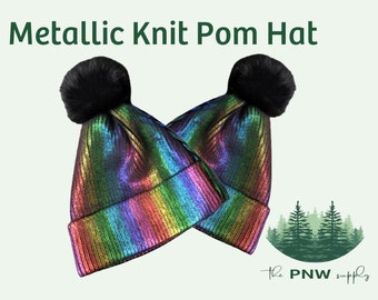 Rainbow Metallic hat with pom . fall winter hat for women . bridesmaid gift . sorority . bulk blanks. wholesale supply . USA . wedding lgbtq