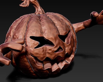 May include: A 3D-rendered, bronze-colored pumpkin with a carved face and outstretched arms. The pumpkin has a stem and is designed with a menacing expression. Text at the bottom reads "Digital File for 3D Printing."