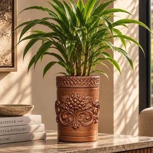 Könnte beinhalten: Ein zylindrischer kupferfarbener Übertopf mit geprägtem Blumenmotiv und strukturiertem Rand. Der Übertopf enthält eine grüne Pflanze mit langen, spitzen Blättern. Die Oberfläche hat ein metallisches Finish mit detaillierten Reliefs.