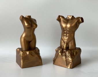 Naked Torso Figurines Set-of-2 Male and Female Sculptures Painted in Bronze